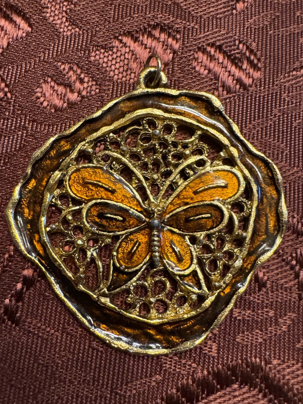 Vintage Enamel Filigree Butterfly Medallion Pendant Gold Orange Boho Festival